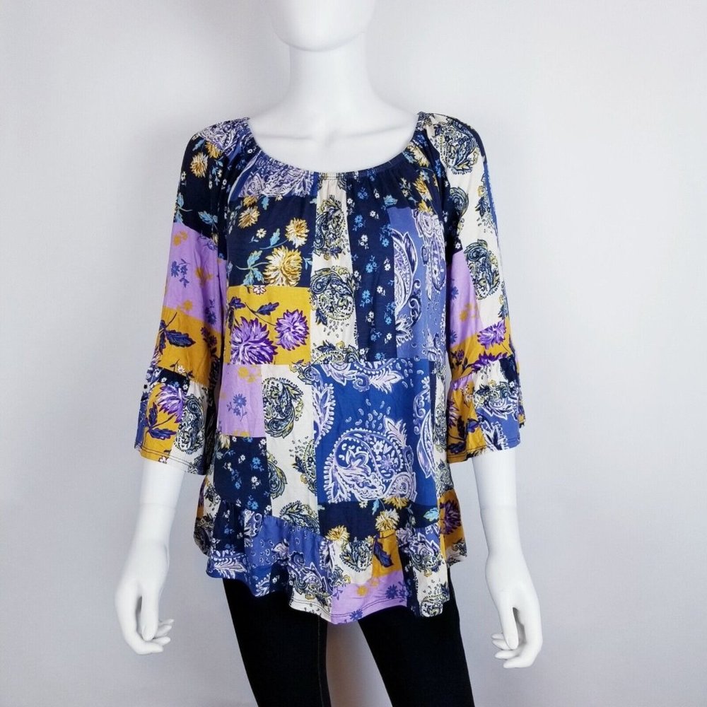 Style and Co Top Womens Size L Purple Scoop Neck Patch Work Print 3/4 Sleeve
